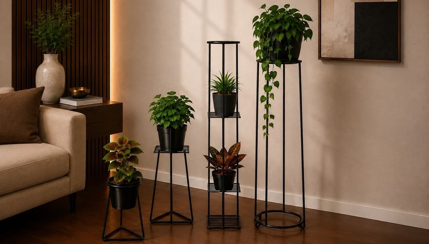 Torre metálica de seis niveles con distintas plantas, Botanika Home